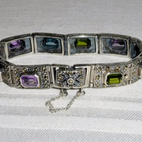 Vintage Silver Bracelet with Marcasite Amethyst Topaz Citrine Peridot Stones 7" - Picture 2 of 9